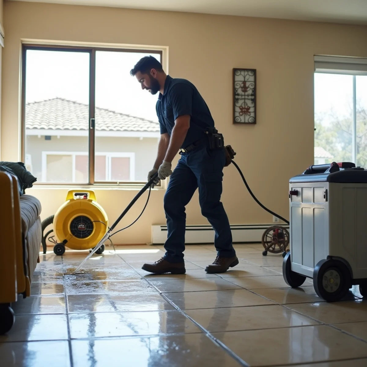 Technician checking for a slab leak in a West Anaheim tract home