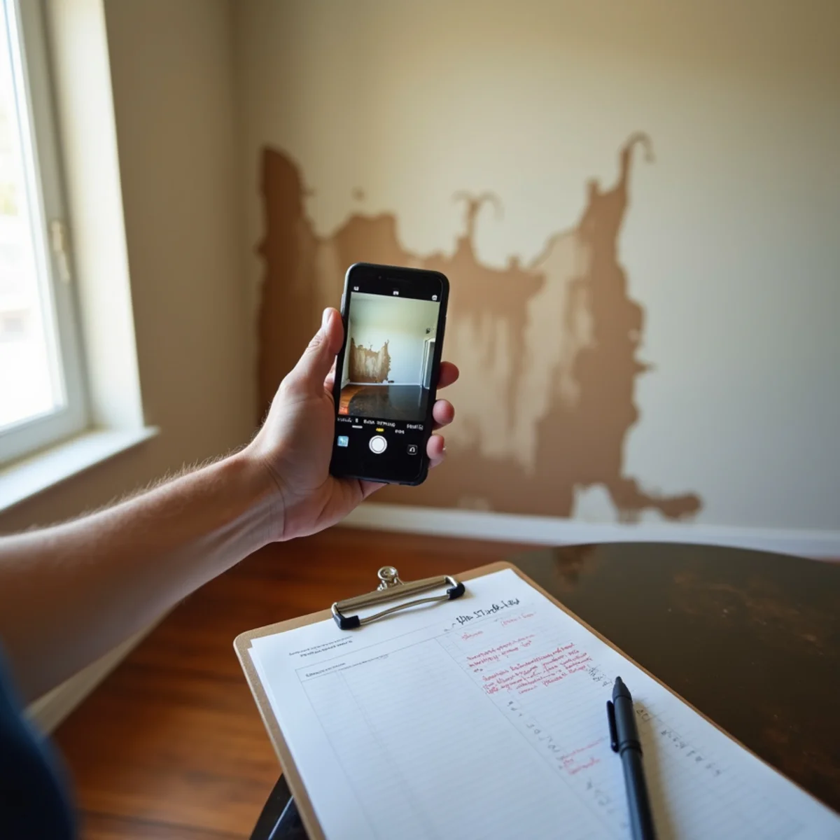 Homeowner photographing a water-stained ceiling with a smartphone to document an insurance claim