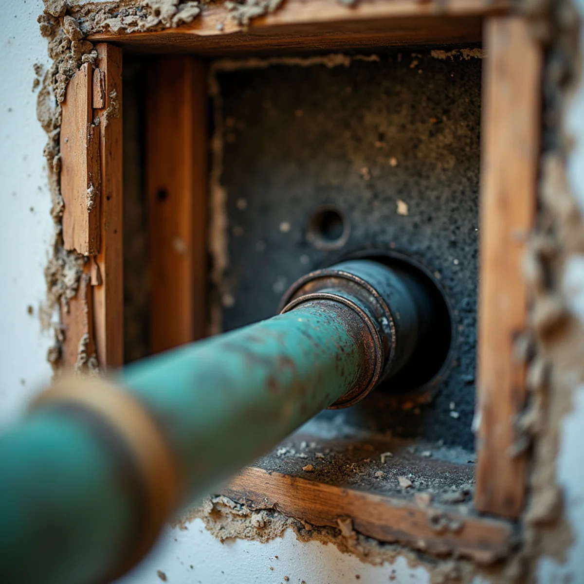 A corroded copper water pipe with a small pinhole leak spraying a fine mist inside a wall cavity