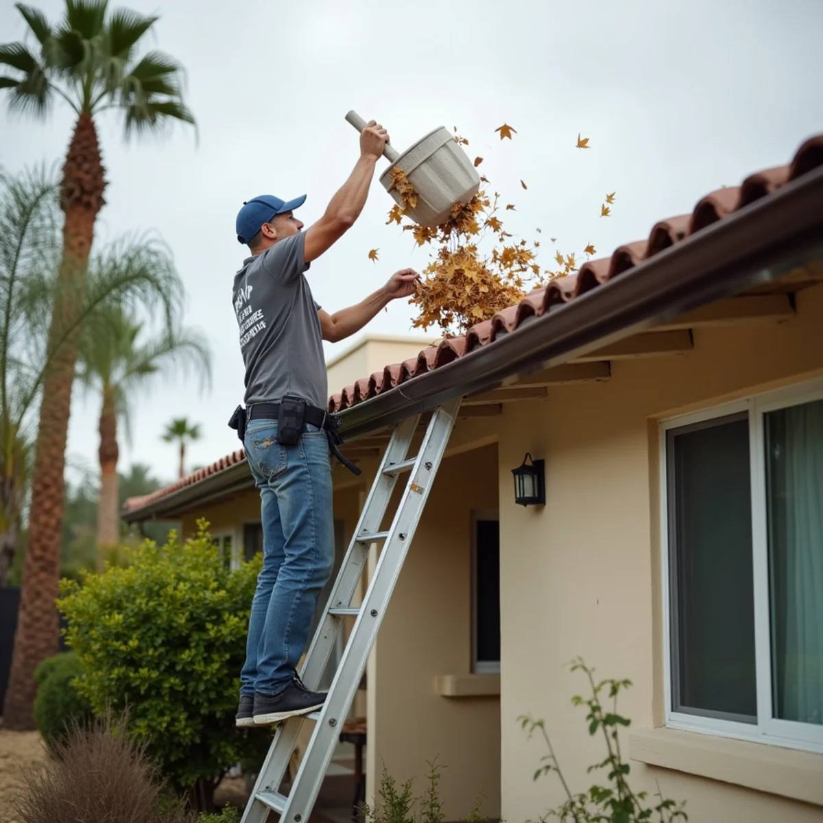 Homeowner clearing leaves from a rain gutter on a ladder before a Southern California winter storm