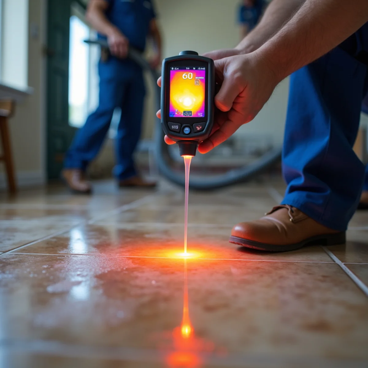 Homeowner feeling a warm spot on tile flooring above a suspected slab leak