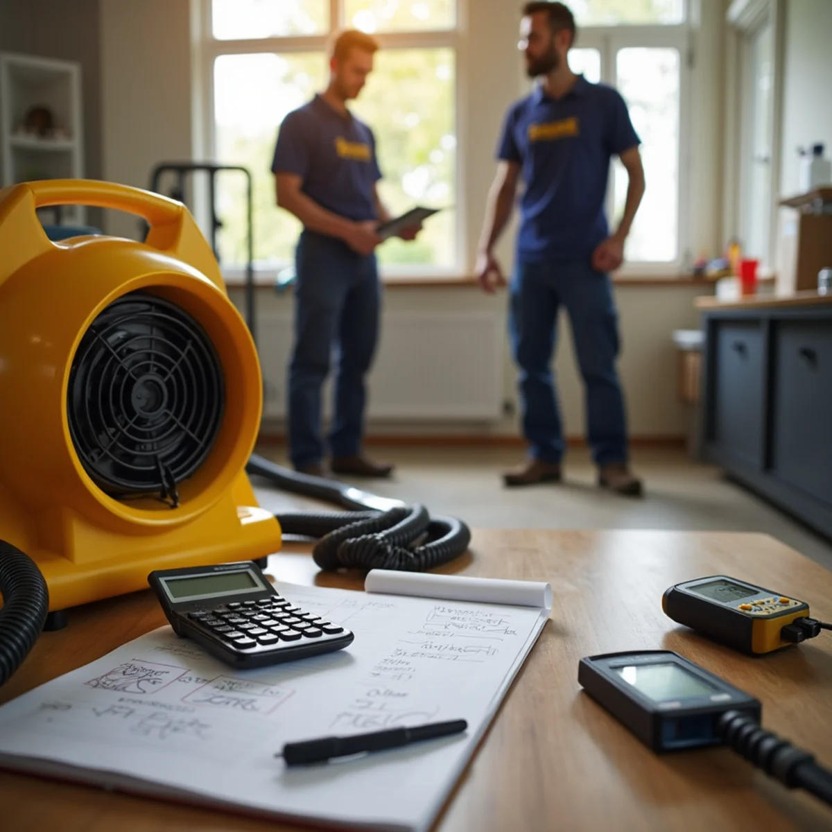 Drying equipment set up in a Buena Park living room after a water loss