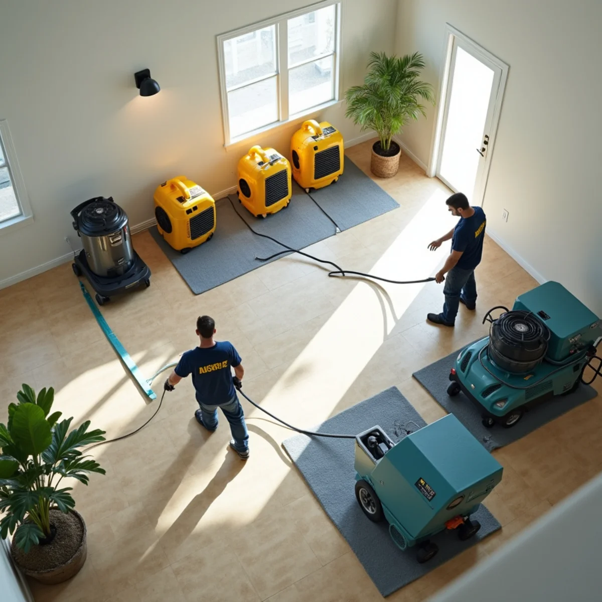 Technician placing air movers and a dehumidifier during the drying phase of water damage restoration