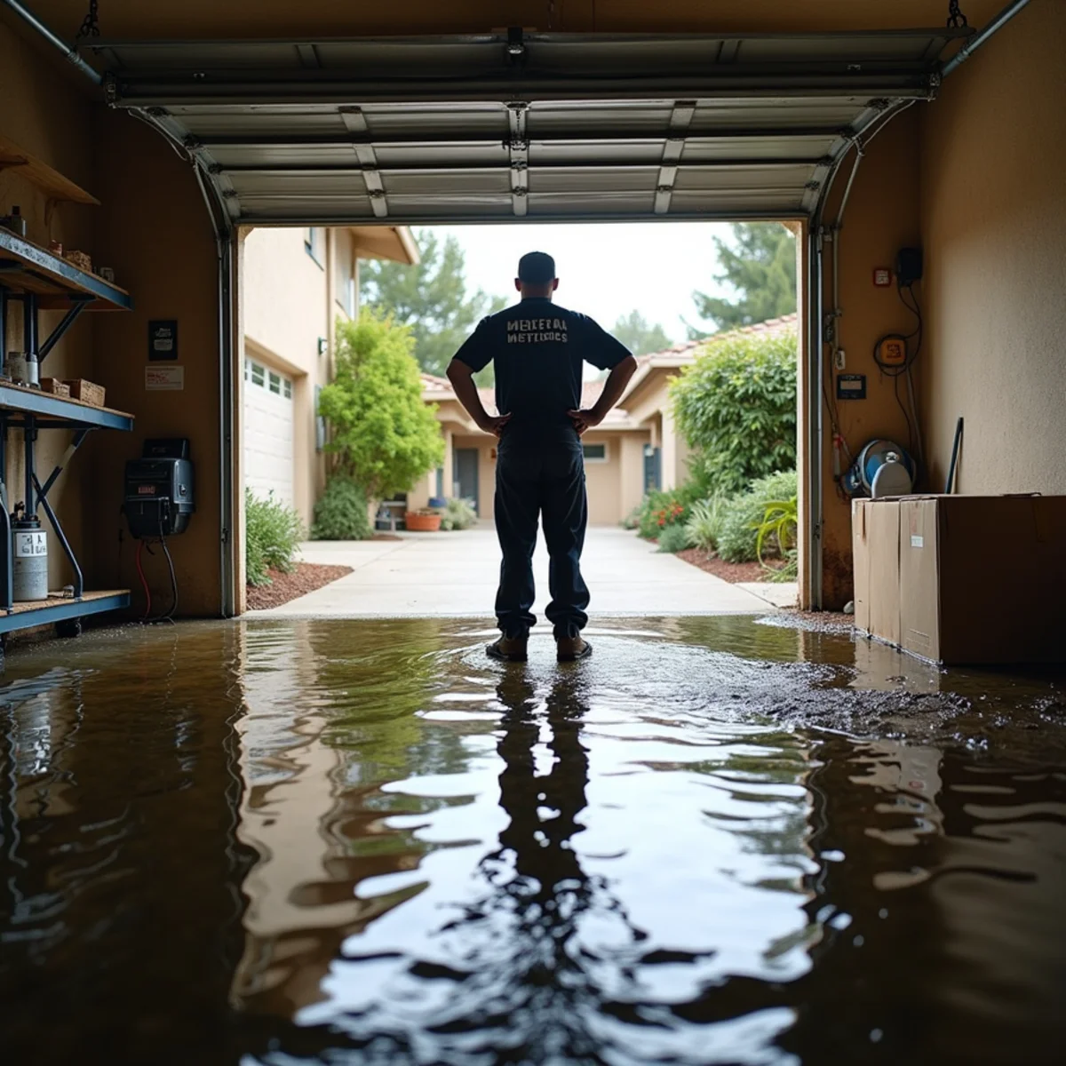 Water pooling around the base of a failed water heater in a Buena Park garage