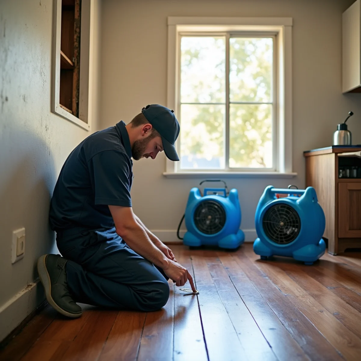 Restoration technician inspecting aging pipes in a San Tract Buena Park home