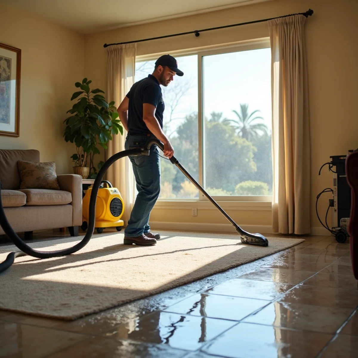 Water damage restoration technician drying a flooded Anaheim home near the Resort District