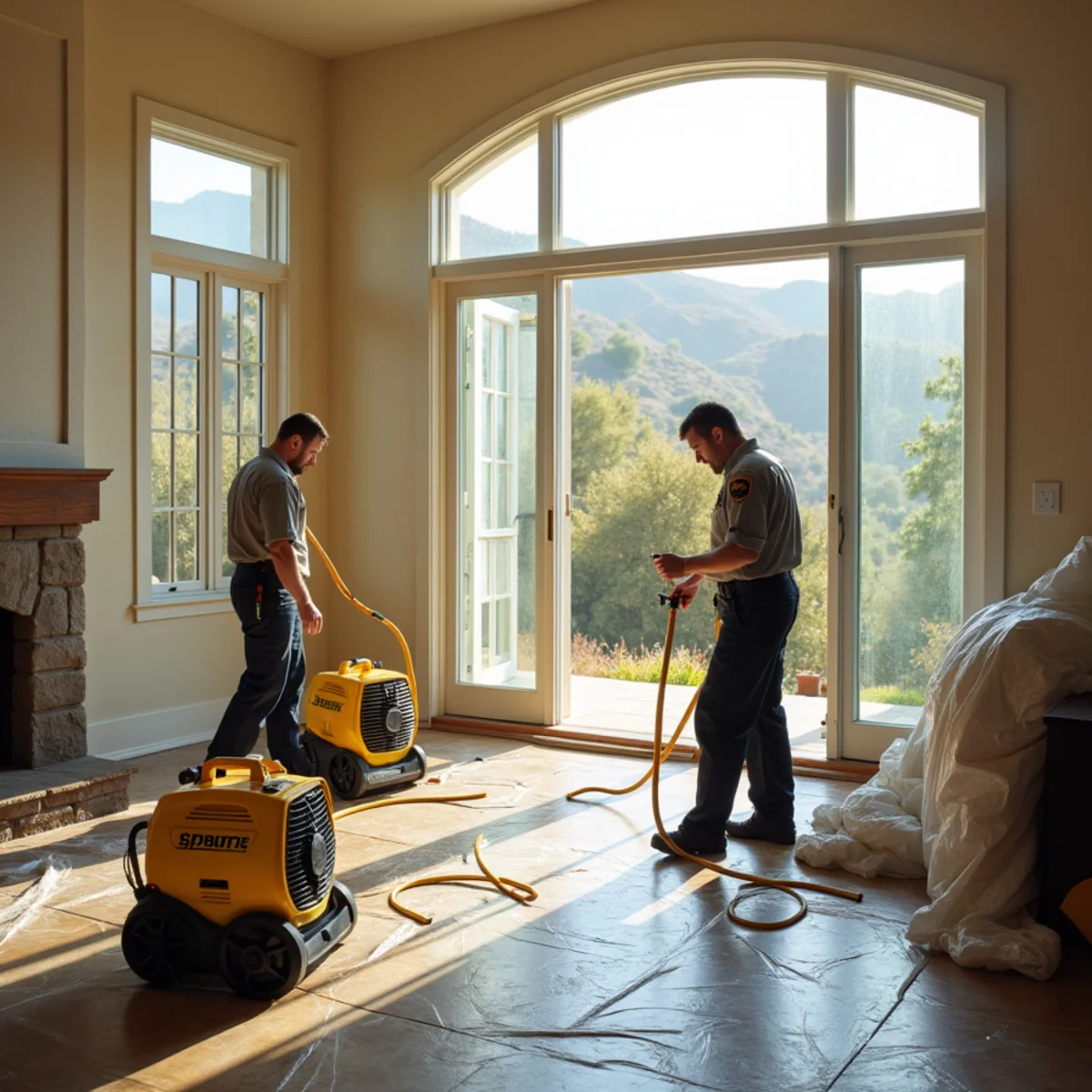 Restoration technician drying an upper floor of a large custom hillside home in Anaheim Hills
