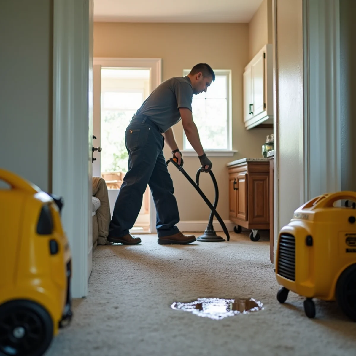 Water damage restoration technician extracting water from an older single-story home in Artesia, CA