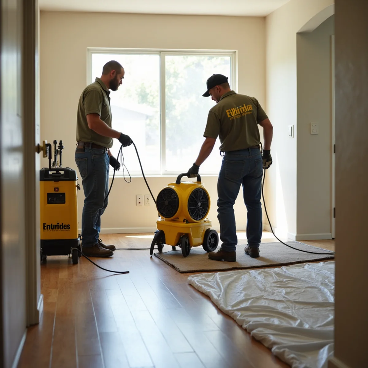Restoration equipment drying a Cerritos planned-community home after storm flooding near Coyote Creek