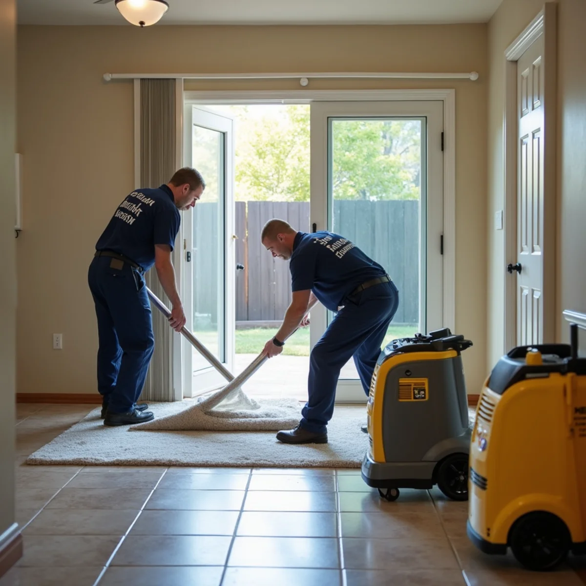 Technician using a moisture meter on the slab floor of a Cypress tract home