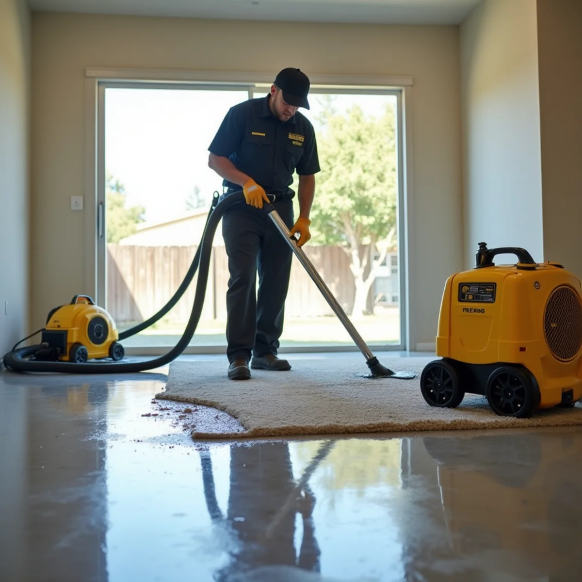 Air movers drying the floor of a single-story slab tract home in Fountain Valley