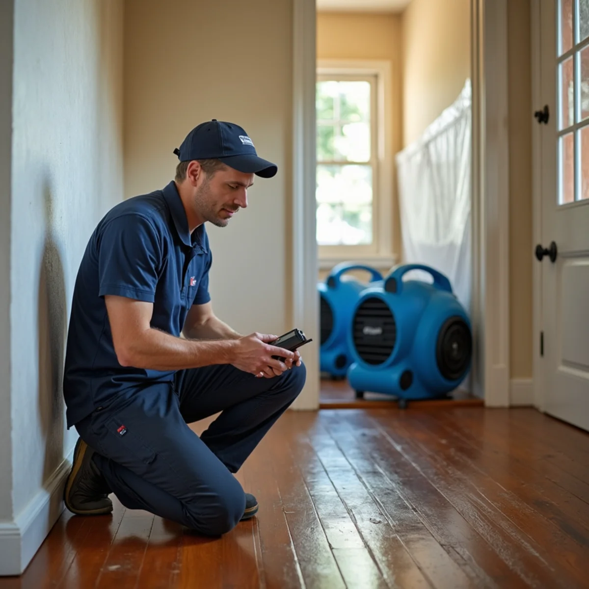 Drying equipment set up in an older Fullerton home with hardwood floors after a plumbing leak