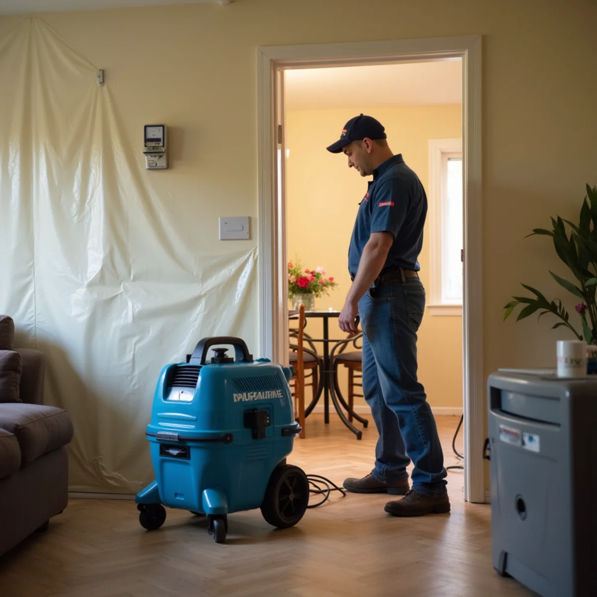 Water damage crew drying a flooded Garden Grove living room near Historic Main Street