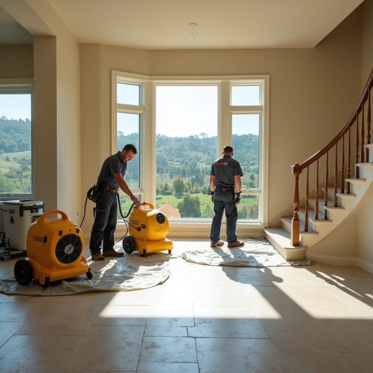 Water damage restoration technician inspecting a hillside custom home in La Habra Heights, CA