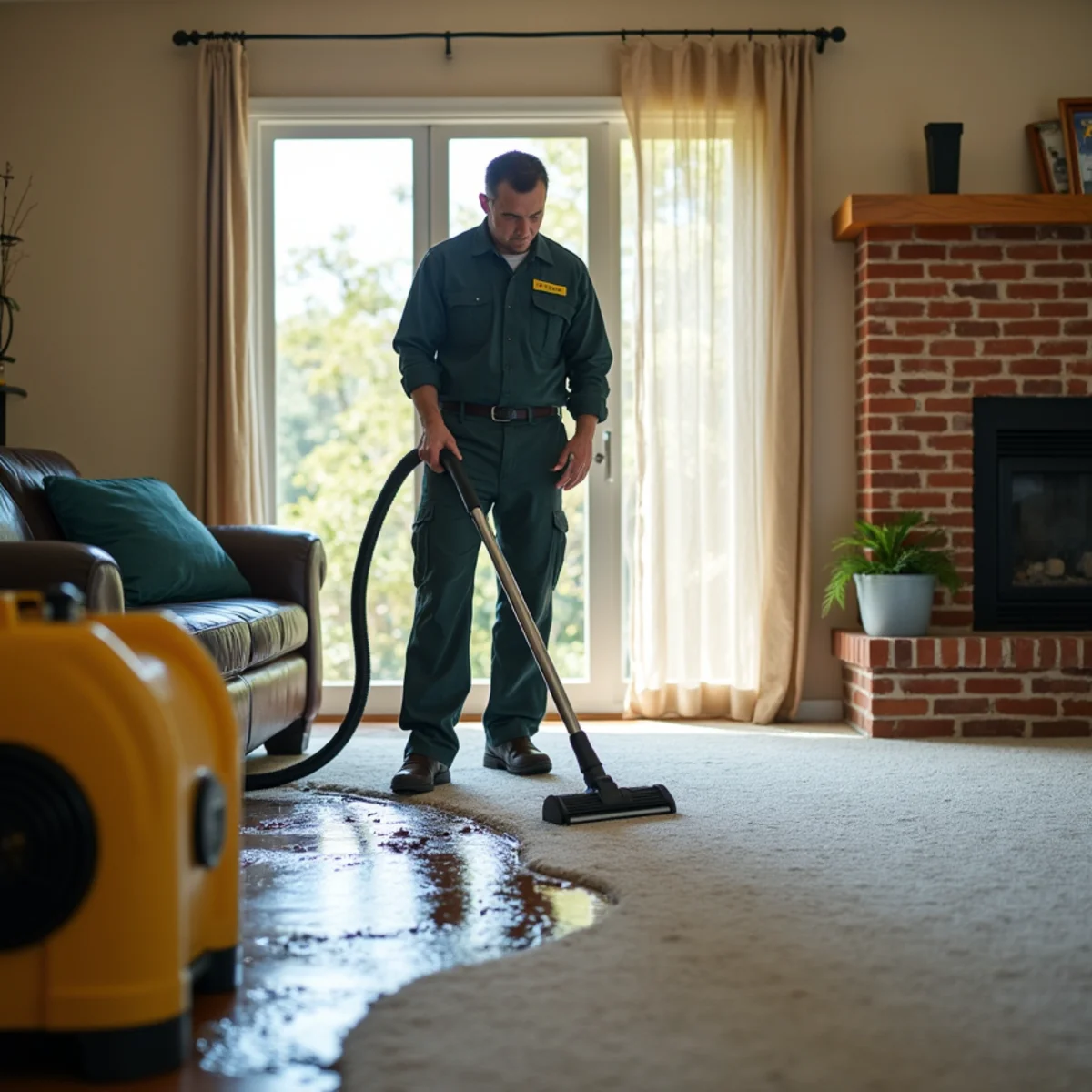 Air movers running in a 1950s La Mirada tract home after a slab leak