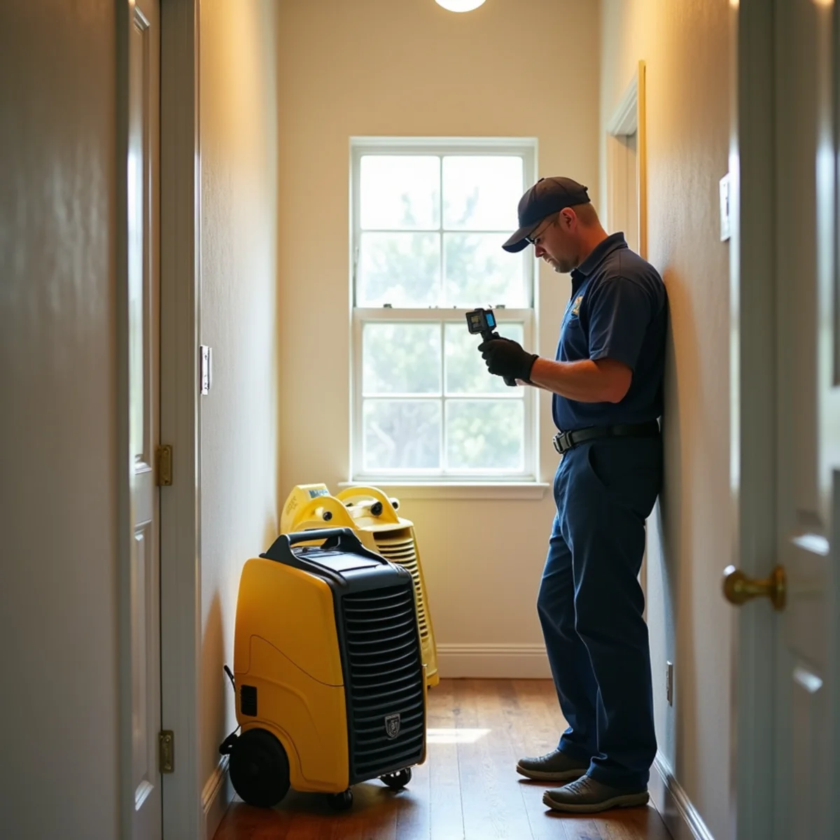 Air movers drying a hallway in a well-kept 1970s La Palma home