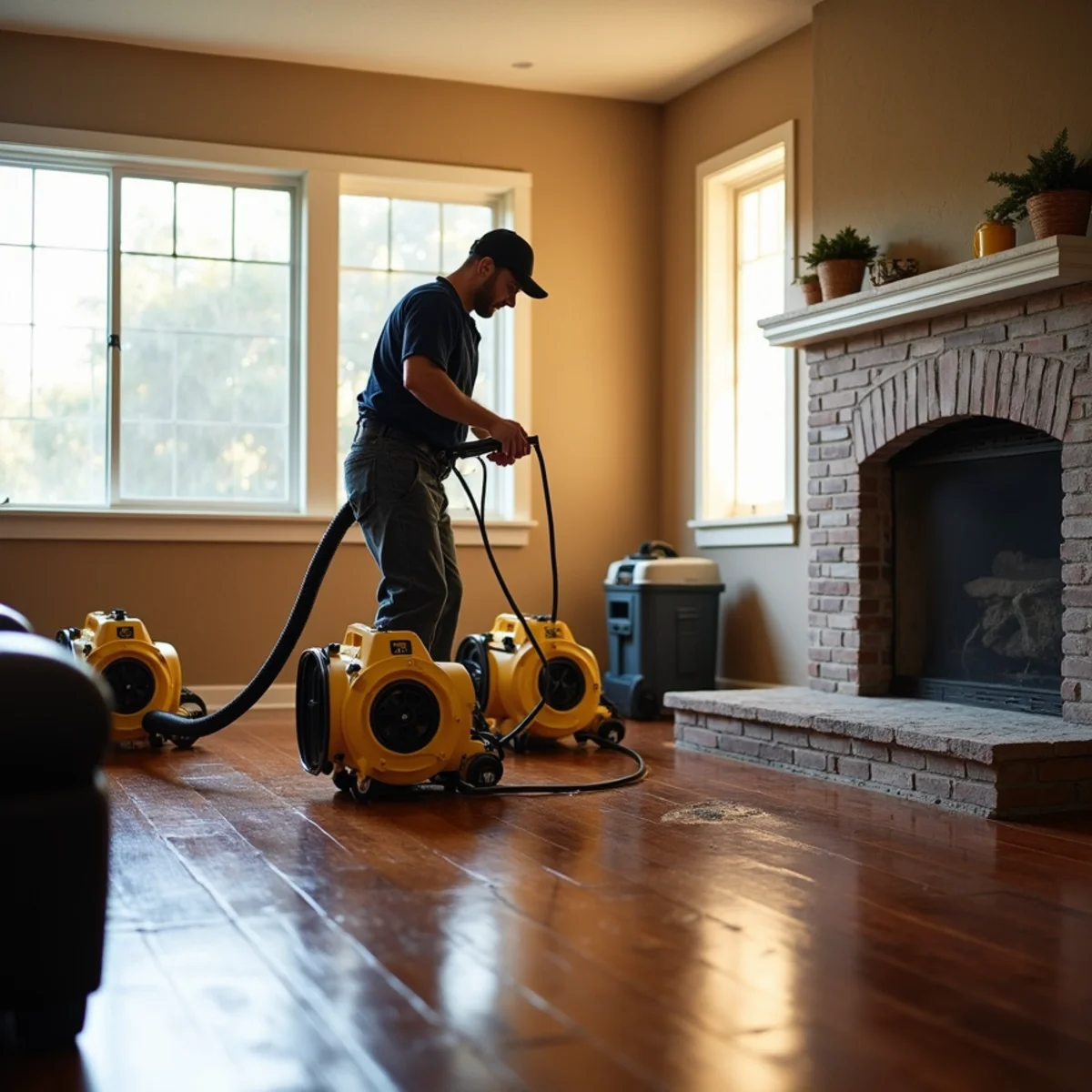 Crew drying the slab floor of a 1950s ranch home in Rossmoor