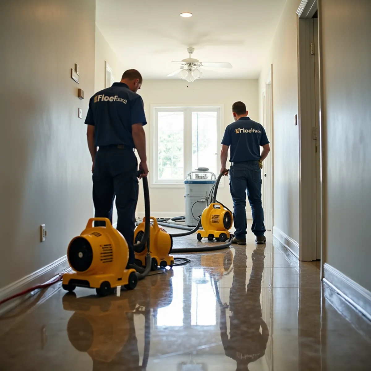 Water extraction crew drying a warehouse floor after a pipe break in Santa Fe Springs, CA