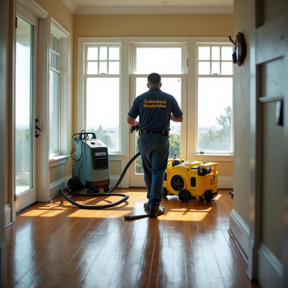 Dehumidifier running in a coastal Old Town Seal Beach cottage after a leak