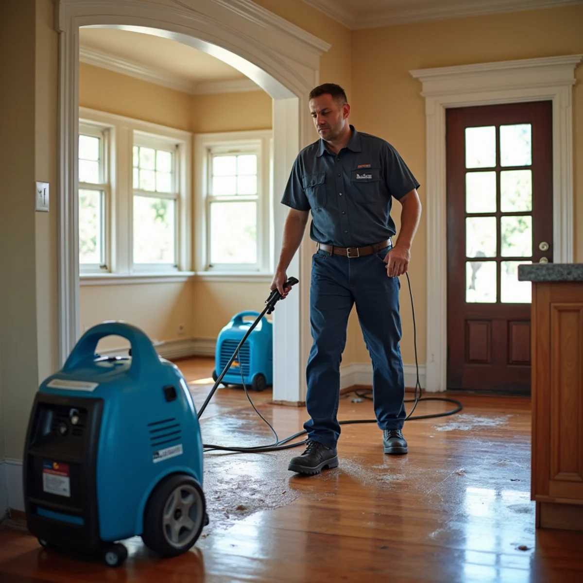 Water damage restoration technician drying hardwood floors in a 1920s craftsman home in Whittier, CA