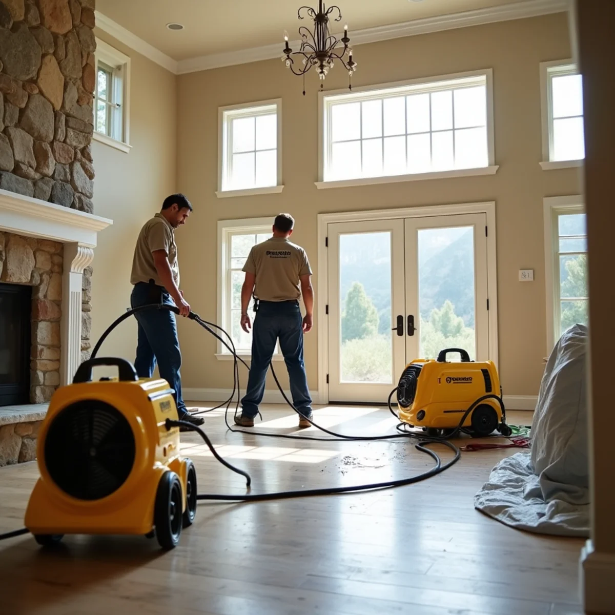 Air movers drying hardwood floors in a large custom Yorba Linda home