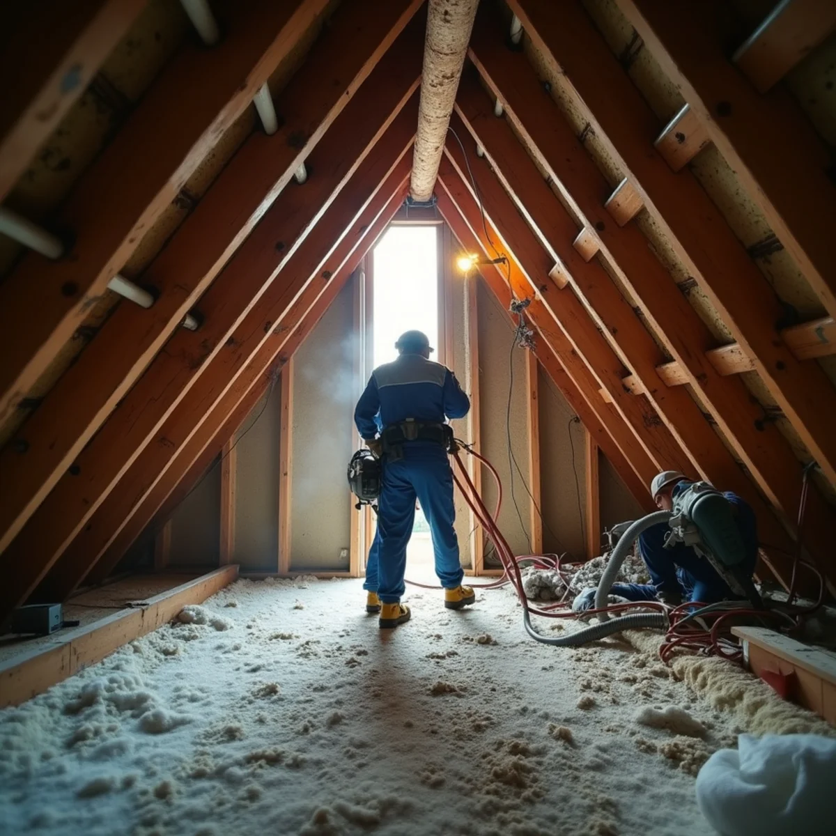 Restoration technician inspecting water-damaged attic insulation and roof framing
