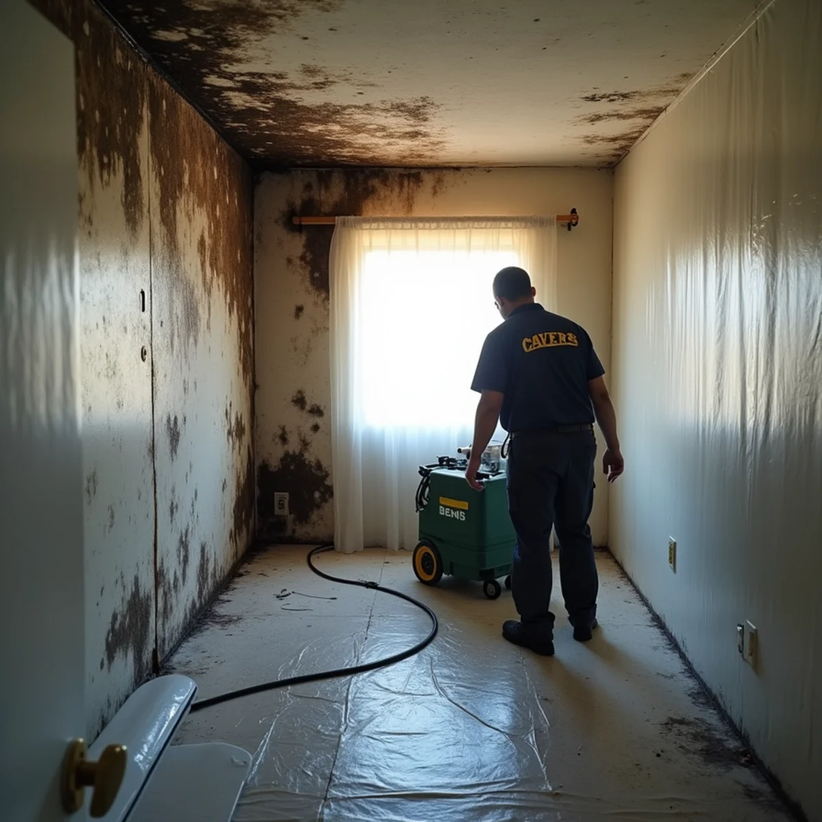 Contained work area with plastic sheeting during black mold removal in a Buena Park home