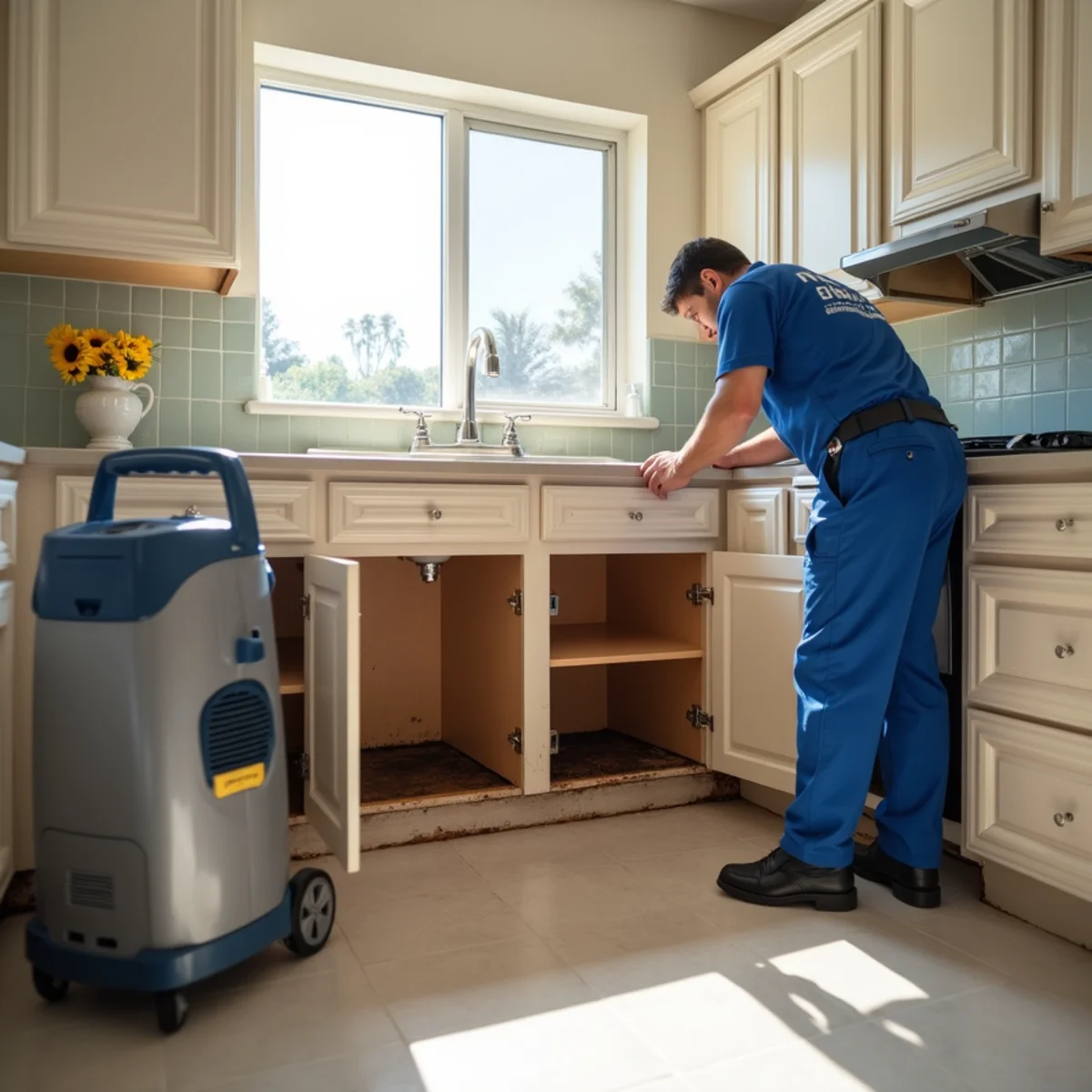 Water-damaged sink-base cabinet being dried from the inside after a leak