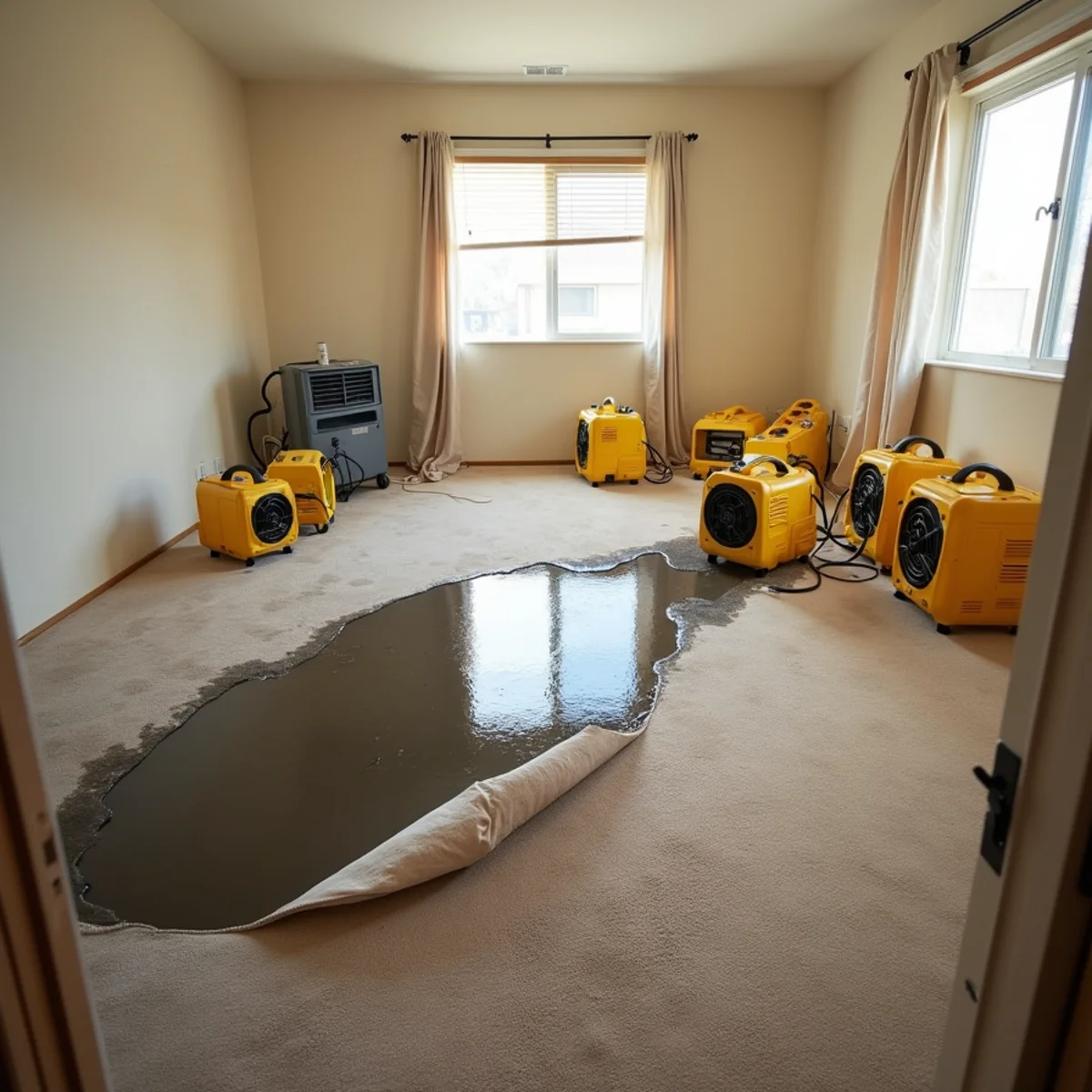 Technician extracting water from soaked carpet in a Buena Park home