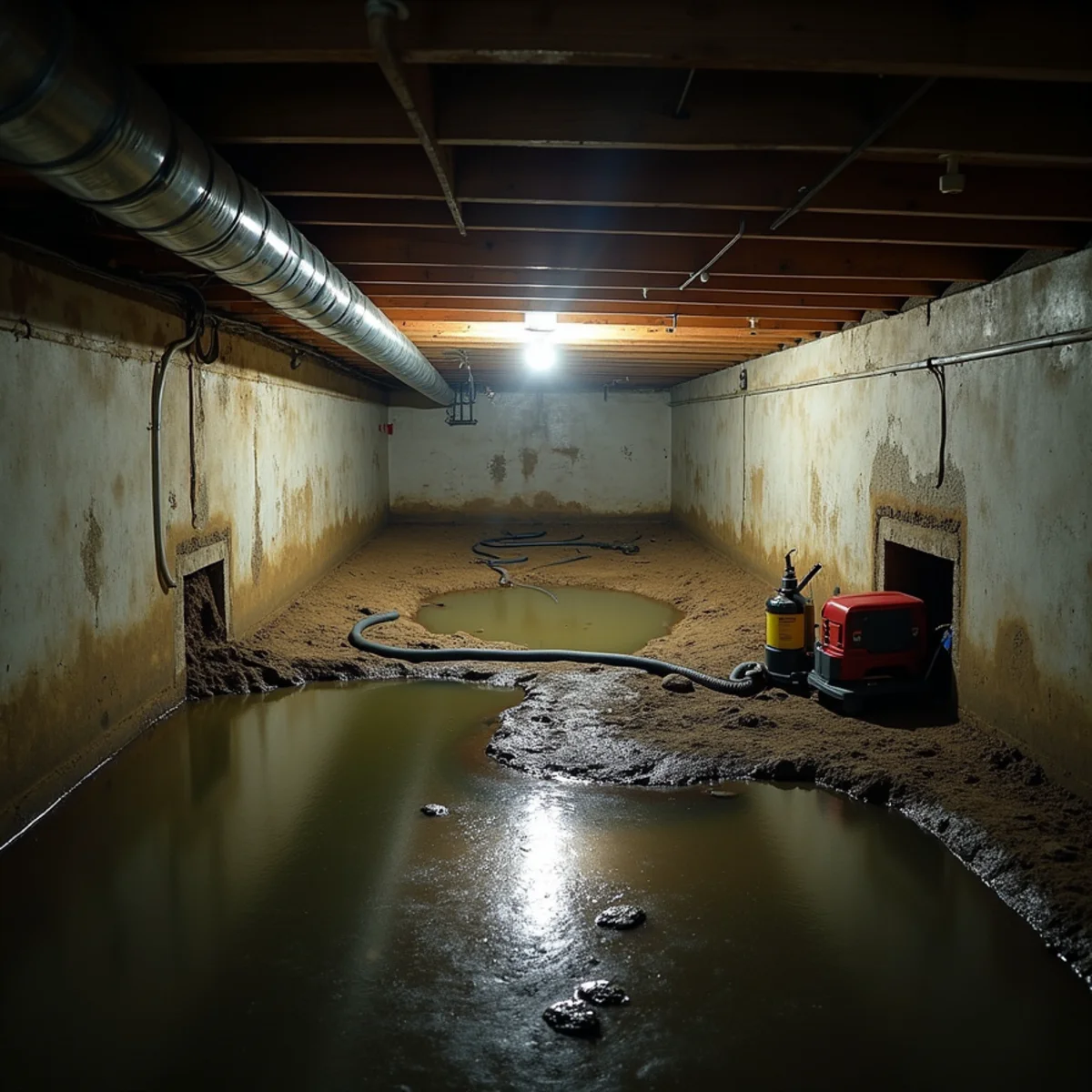 Air mover and dehumidifier drying a wet crawl space beneath a Buena Park home