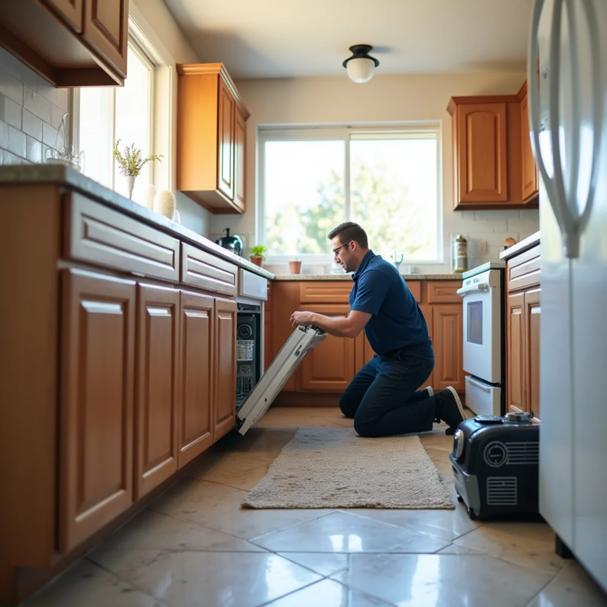 Water leaking from under a dishwasher onto kitchen flooring in a Buena Park home