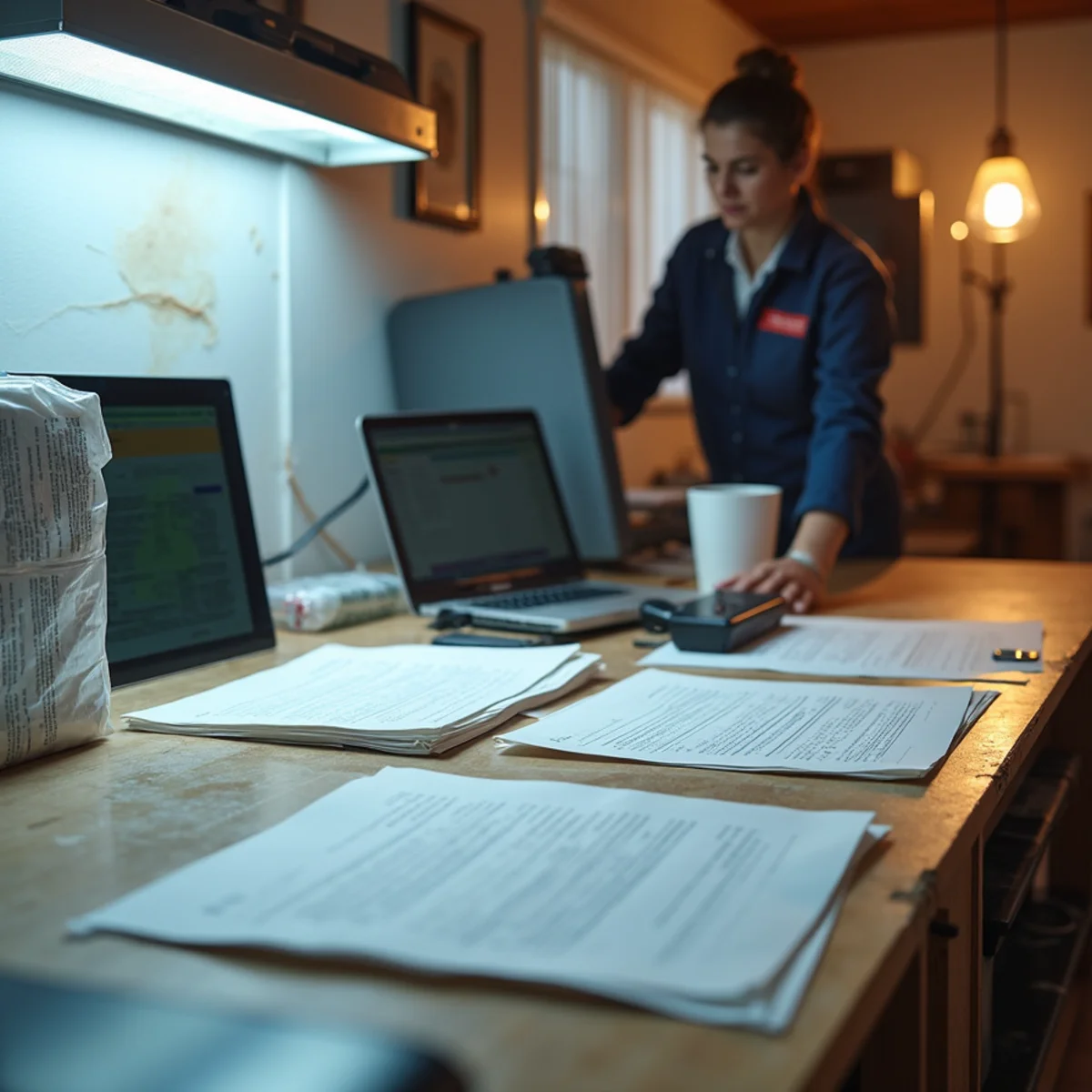 Water-damaged documents laid out for controlled drying in a Buena Park facility
