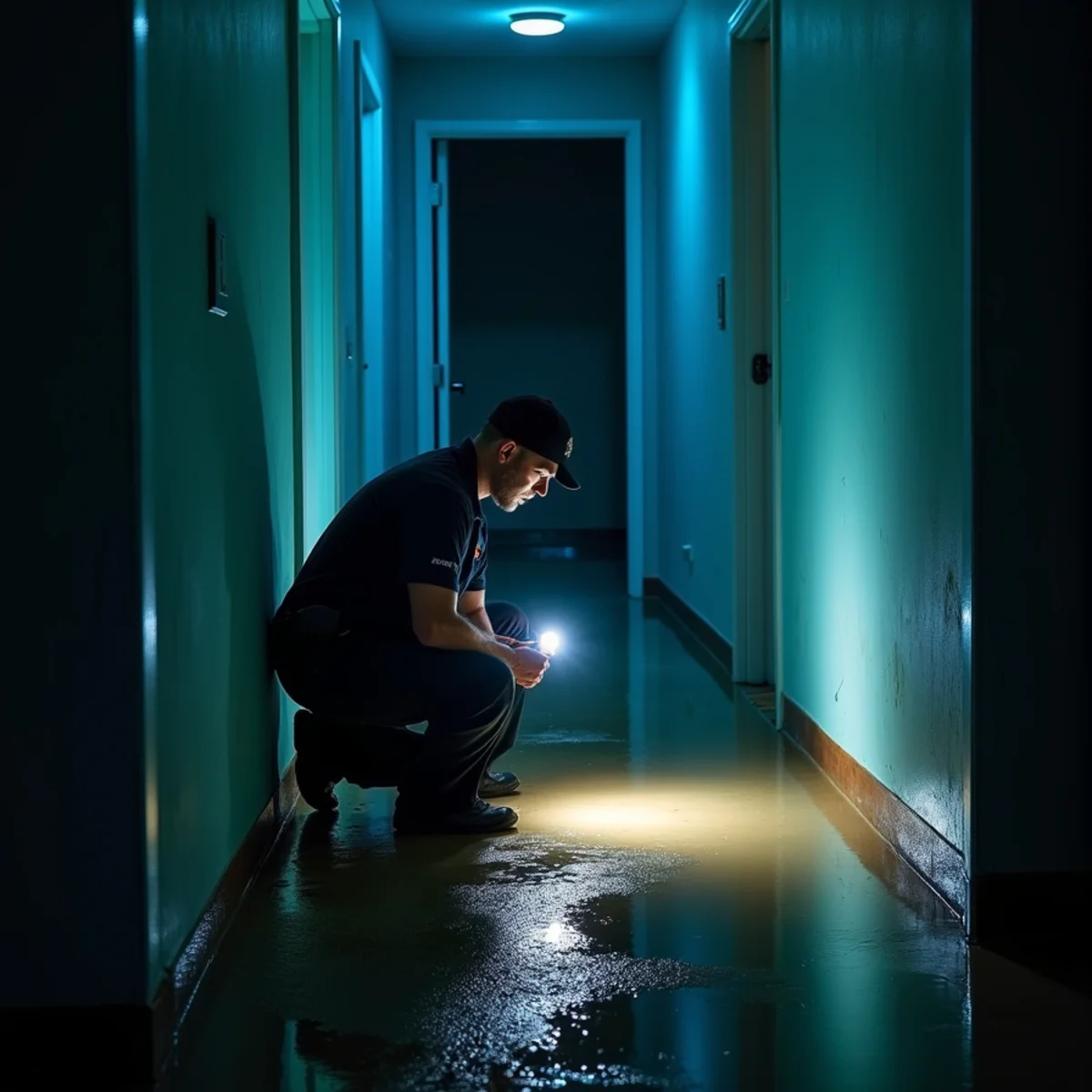 Technician with a moisture meter inspecting a flooded Buena Park living room at night