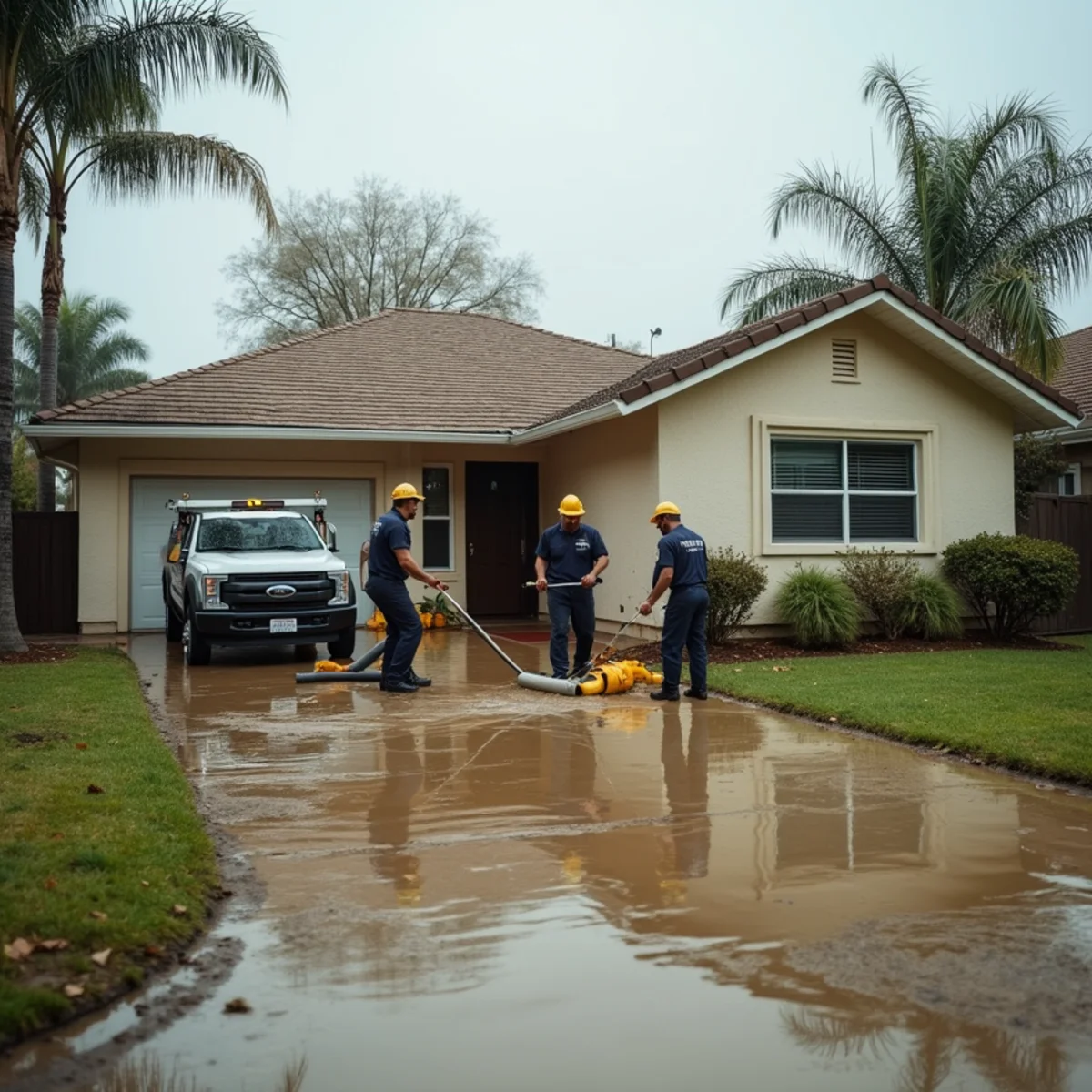 Crew cleaning up flood water and debris from a flooded Buena Park home after a storm