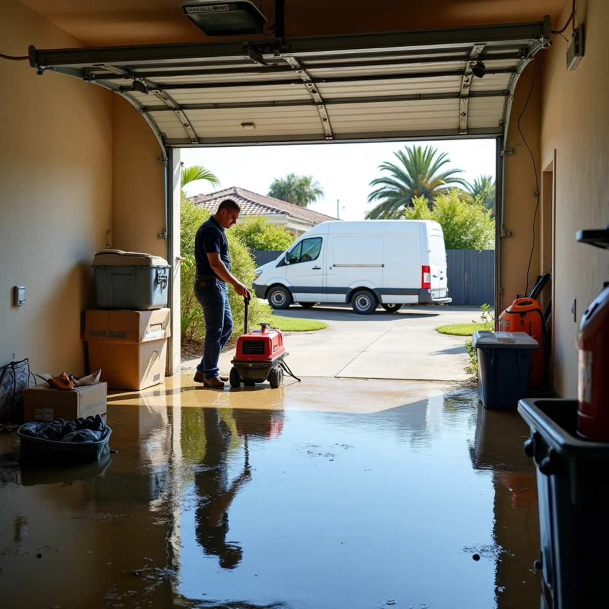 IICRC-certified technician extracting floodwater from a Buena Park home garage