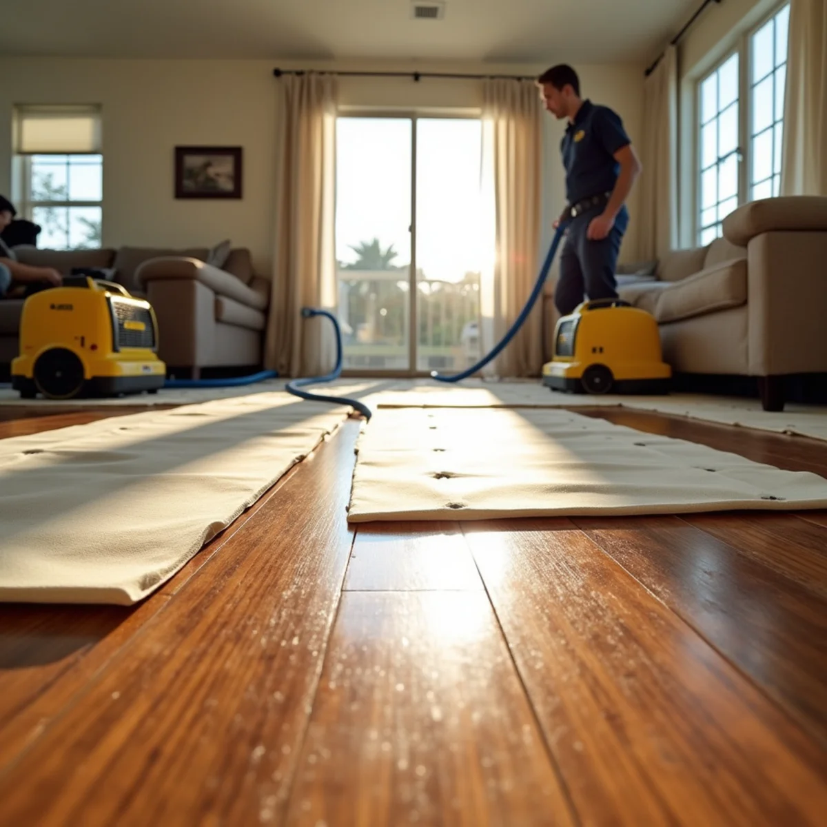 Cupped hardwood floor being dried with mat systems after water damage