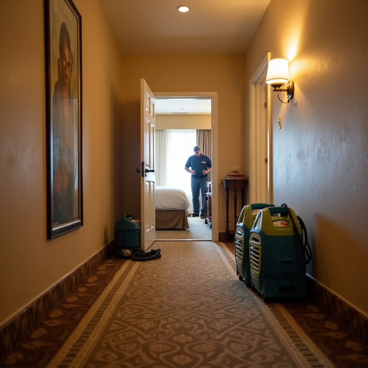 Restoration technician drying a hotel guest room after water damage near Buena Park