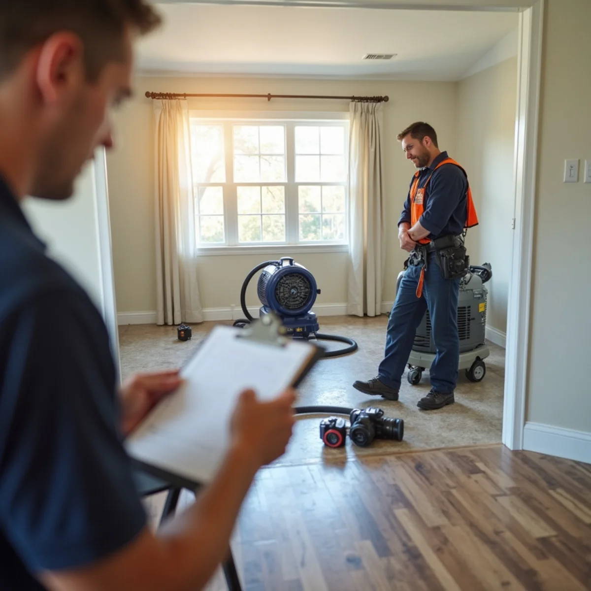 Restoration technician documenting water damage with a moisture meter for an insurance claim in Buena Park