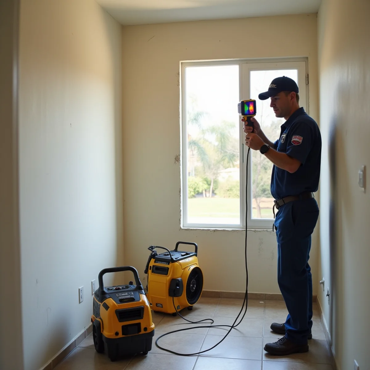 Technician using thermal imaging to locate a hidden water leak in a Buena Park home