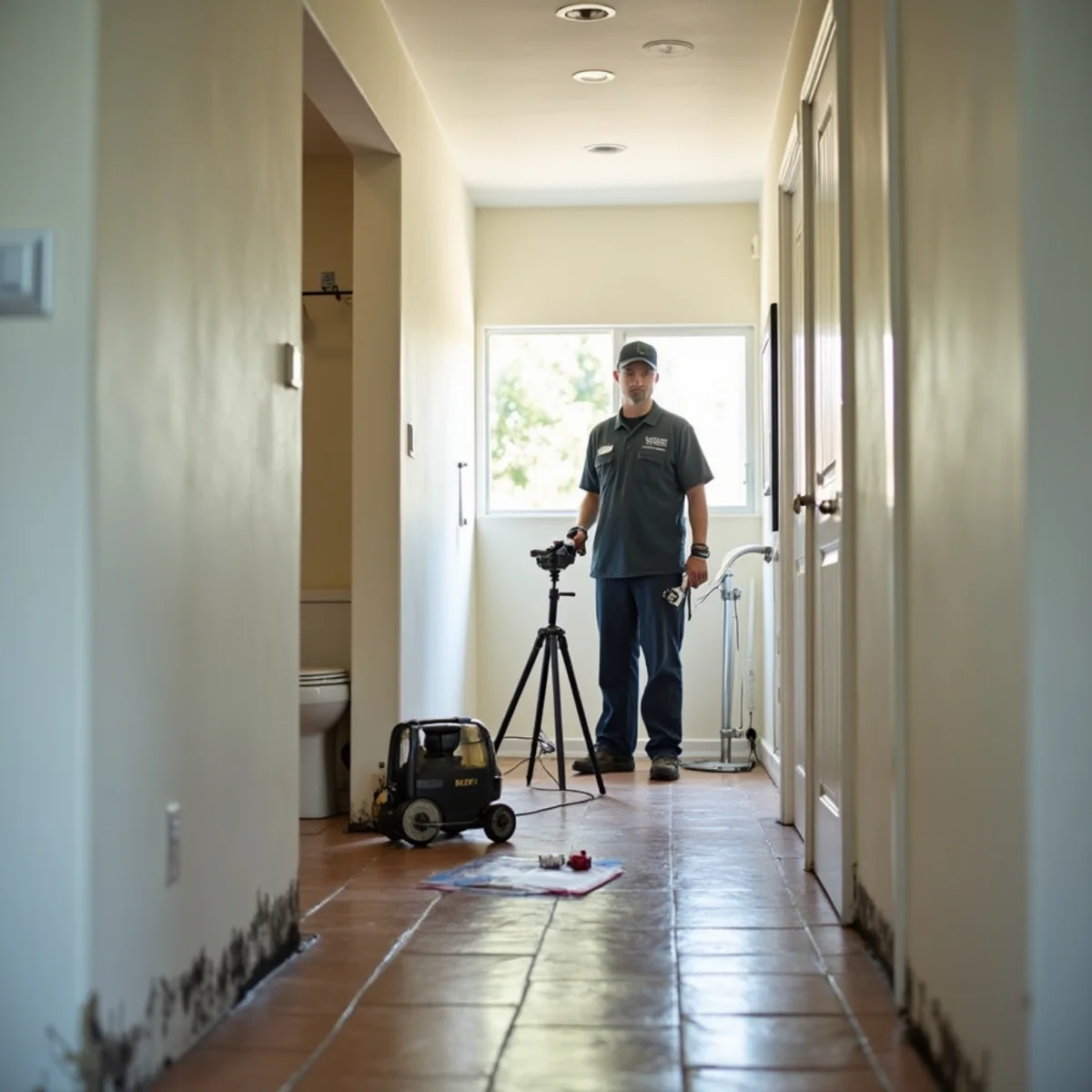 IICRC-certified technician using a moisture meter to inspect a Buena Park wall for hidden mold
