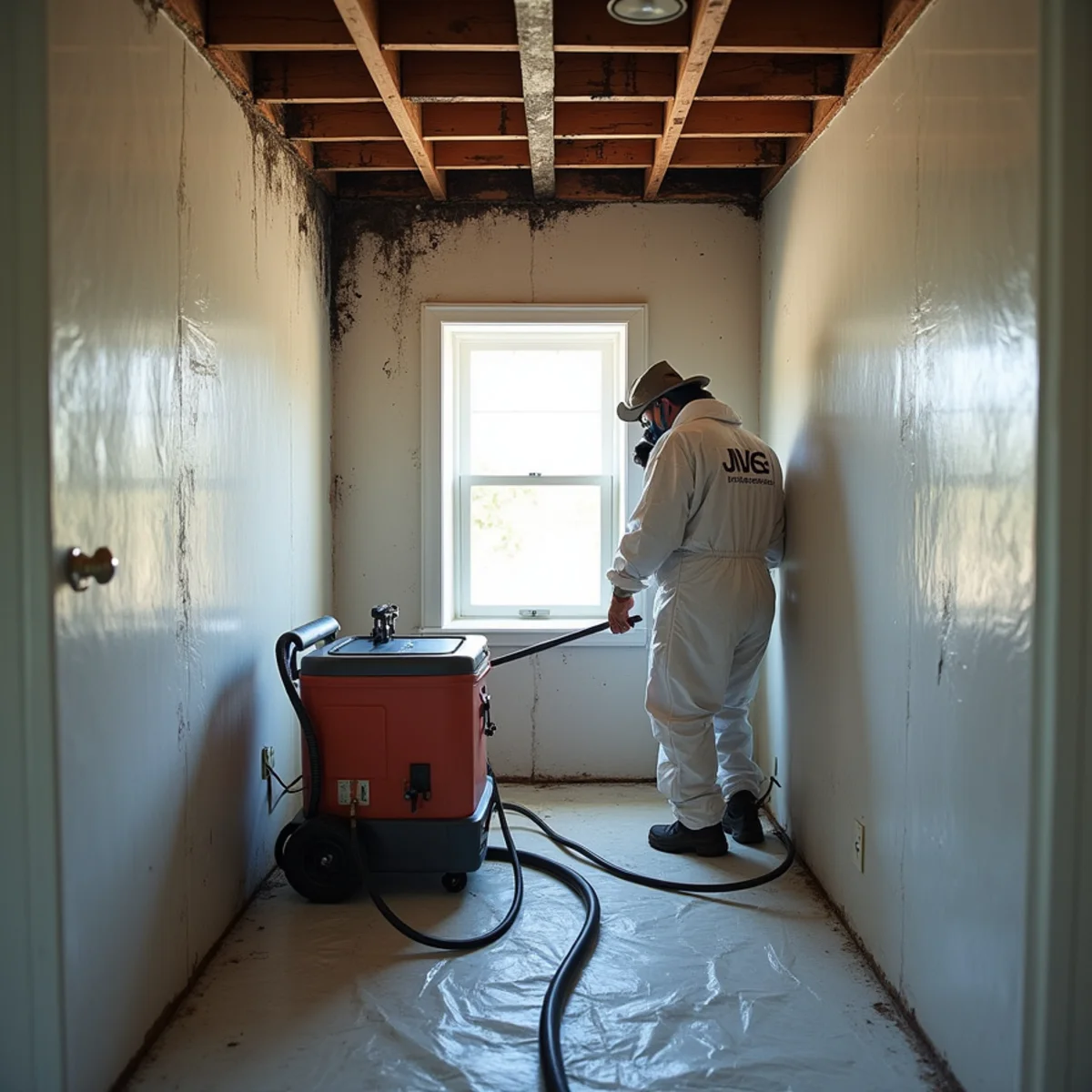 Technician in containment gear removing mold from drywall in a Buena Park home