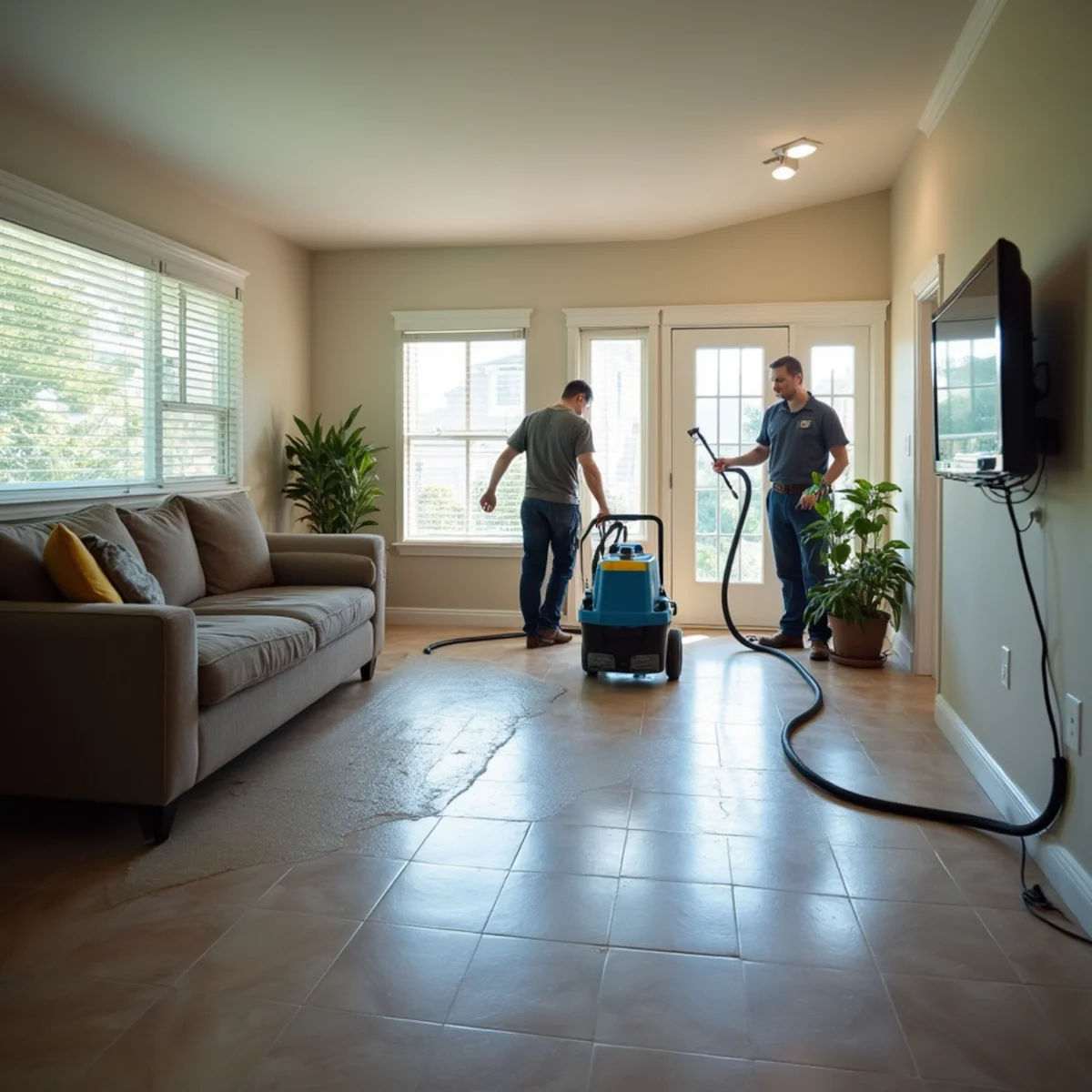 Technician placing a hydroxyl air scrubber to remove odors in a Buena Park living room