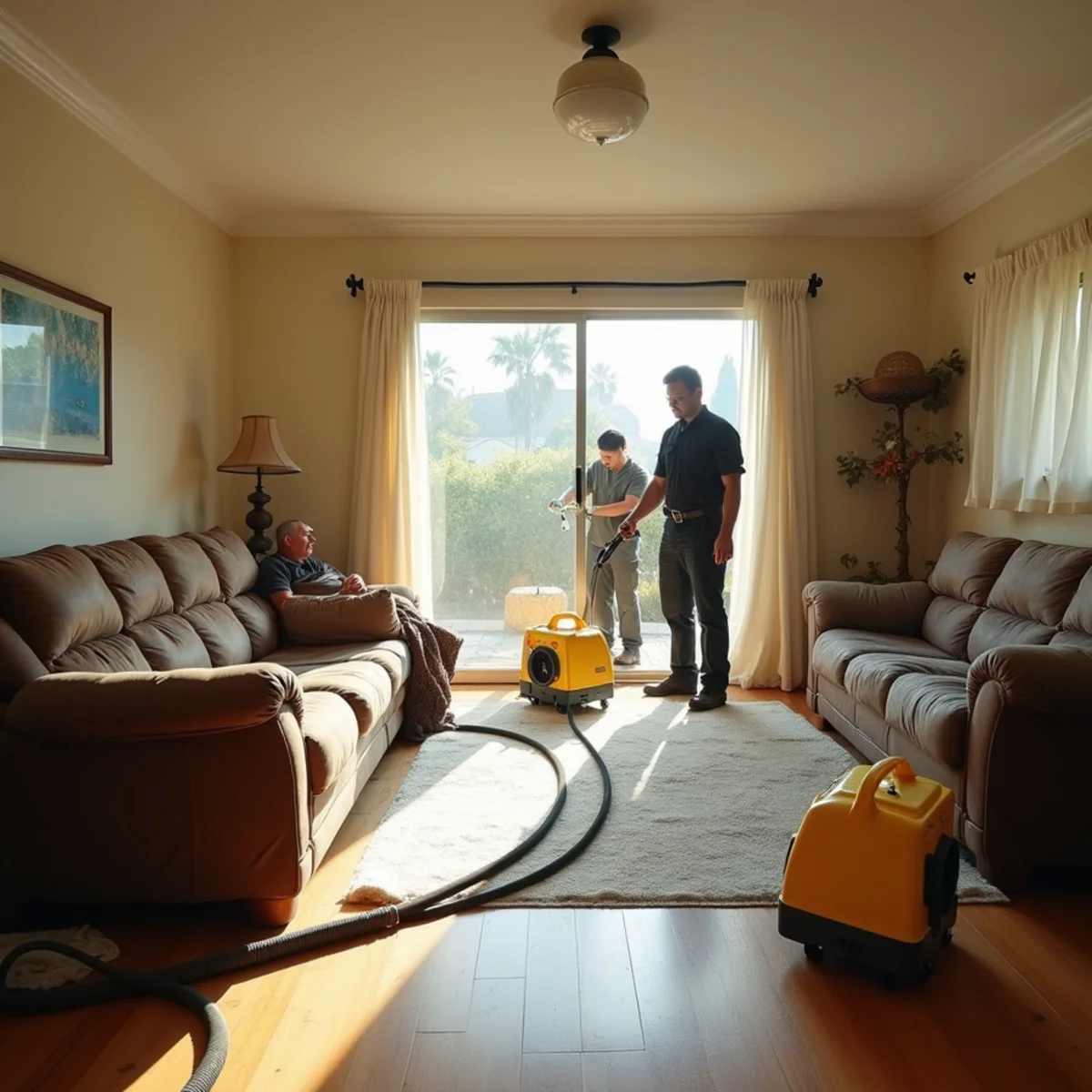 Technician drying a flooded living room in a Buena Park home