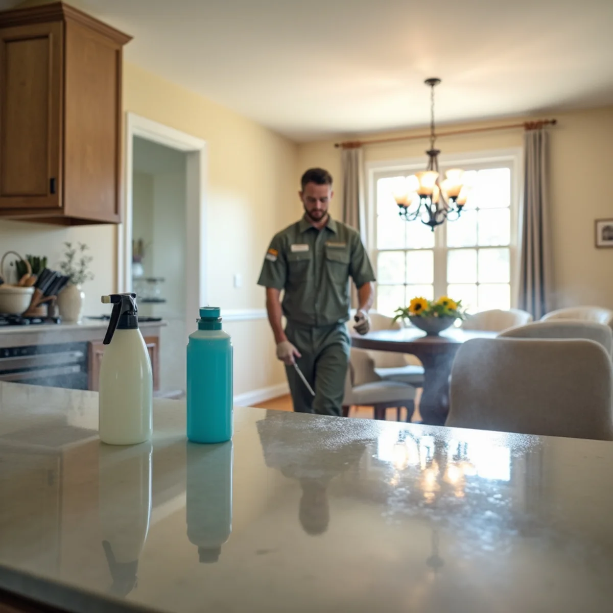 Technician in protective gear applying antimicrobial disinfectant to a Buena Park floor