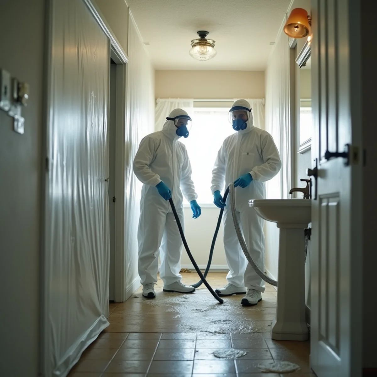IICRC technician in protective gear disinfecting a Buena Park bathroom after a sewage backup