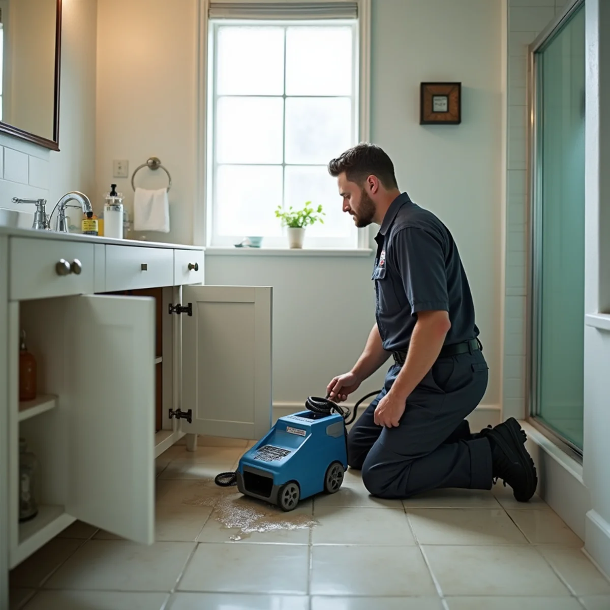 Water overflowing from a bathroom sink onto the vanity and floor in a Buena Park home