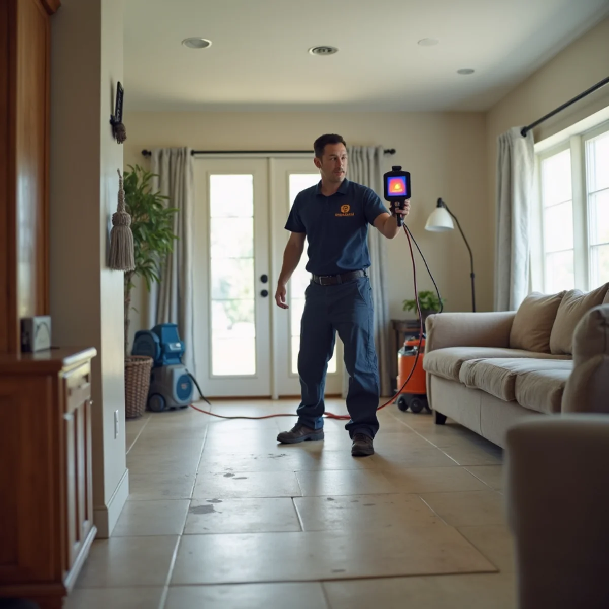 Damp, warping flooring above a slab leak in a Buena Park tract home
