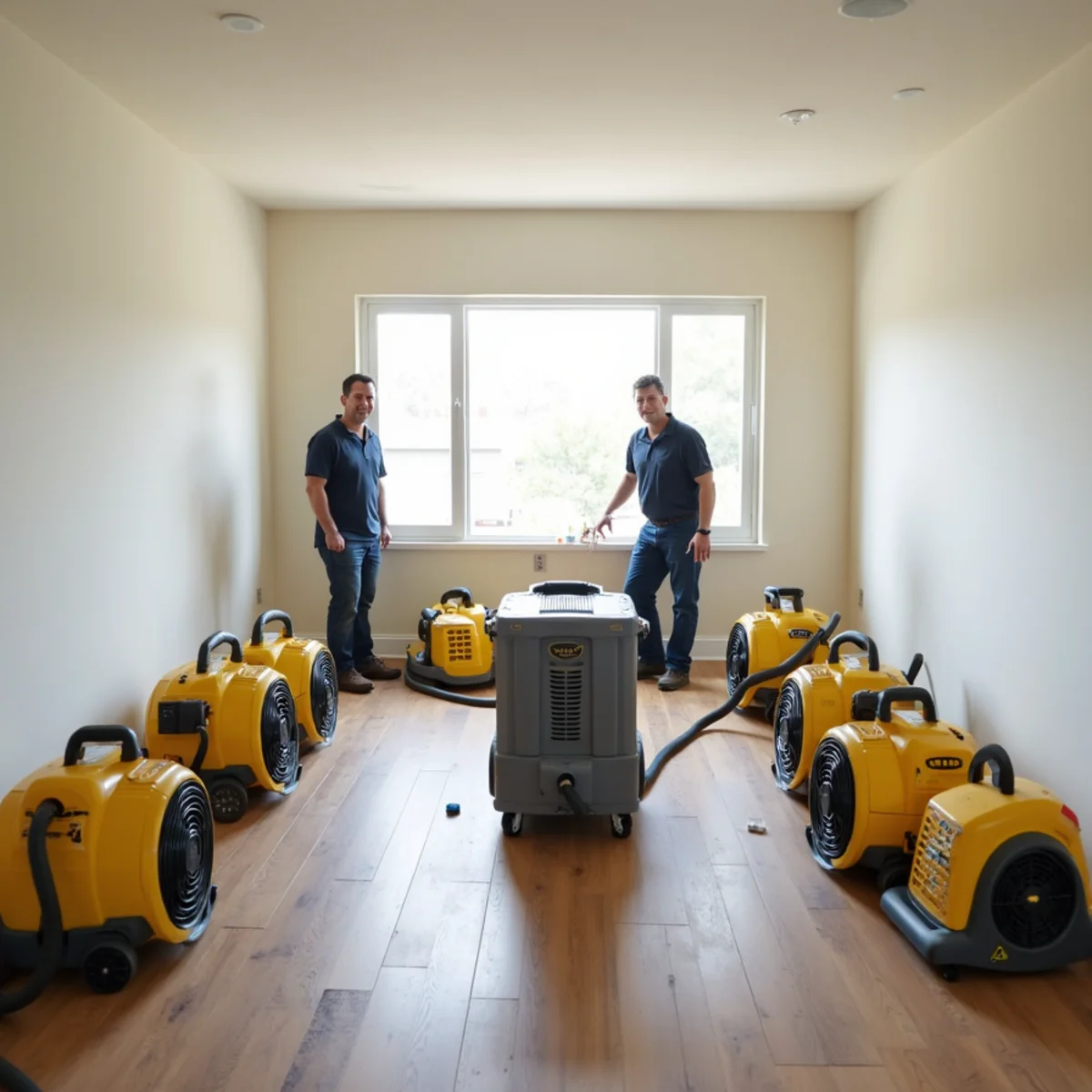 Air movers and dehumidifiers set up for structural drying in a Buena Park home