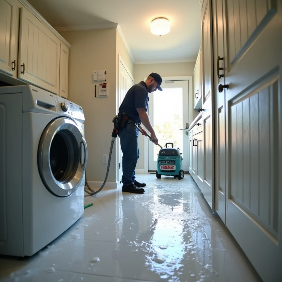 Water spreading across a laundry room floor from an overflowing washing machine in Buena Park