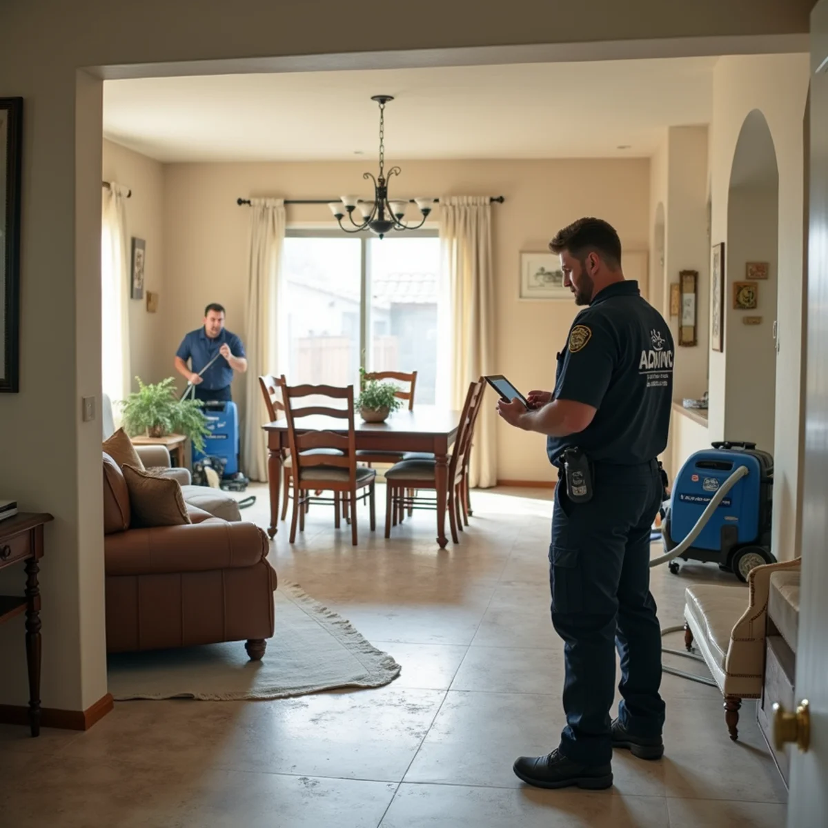 Technician preparing a detailed water damage estimate on a tablet in a Buena Park home